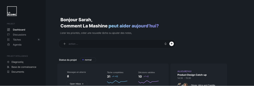 Aperçu de la plateforme La Mashine : le tableau de bord d’un projet