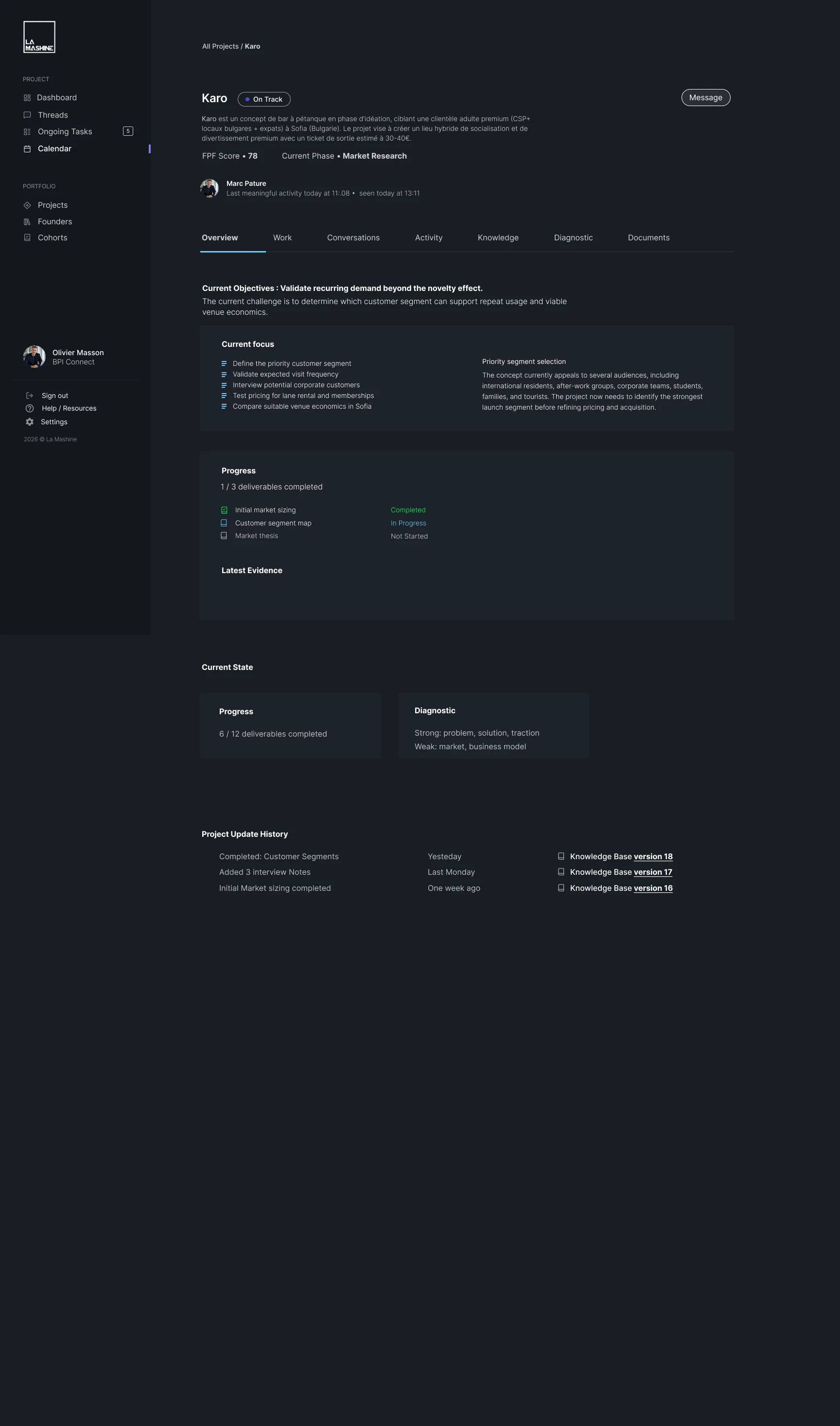 La page projet : objectif en cours, axes de travail et avancement.